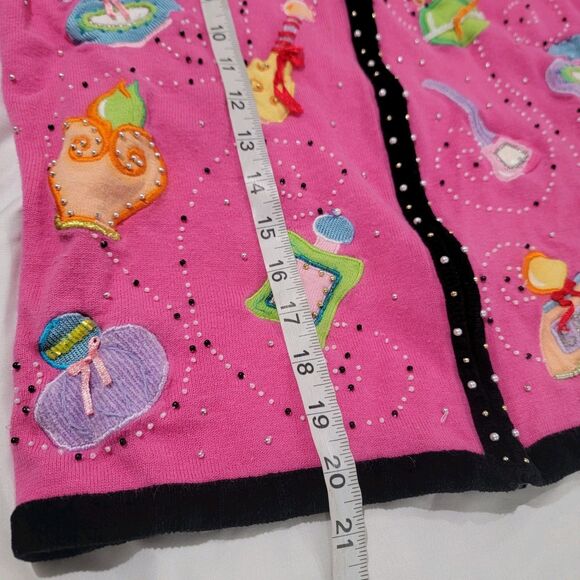 Jack B Quick Womens Full Zip Sweater Size Medium Pink Embroidered Perfume Bottle - Picture 7 of 9